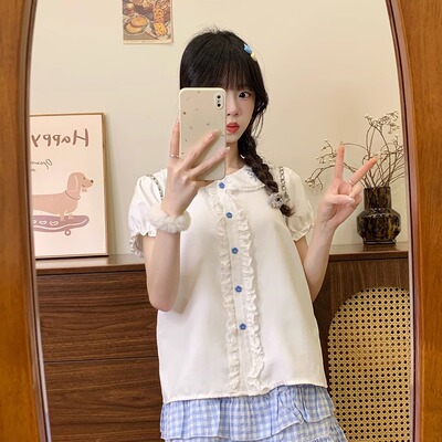 刺绣蕾丝花边彼得潘娃娃领衬衫女