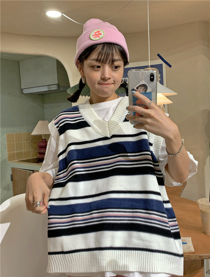 港风ins潮条纹撞色百搭宽松复古无袖毛衣针织衫背心马甲女慵懒风在类目 女装/女士精品, 毛衣中 - 来自Buy2taobao.com提供专业的淘宝代购服务