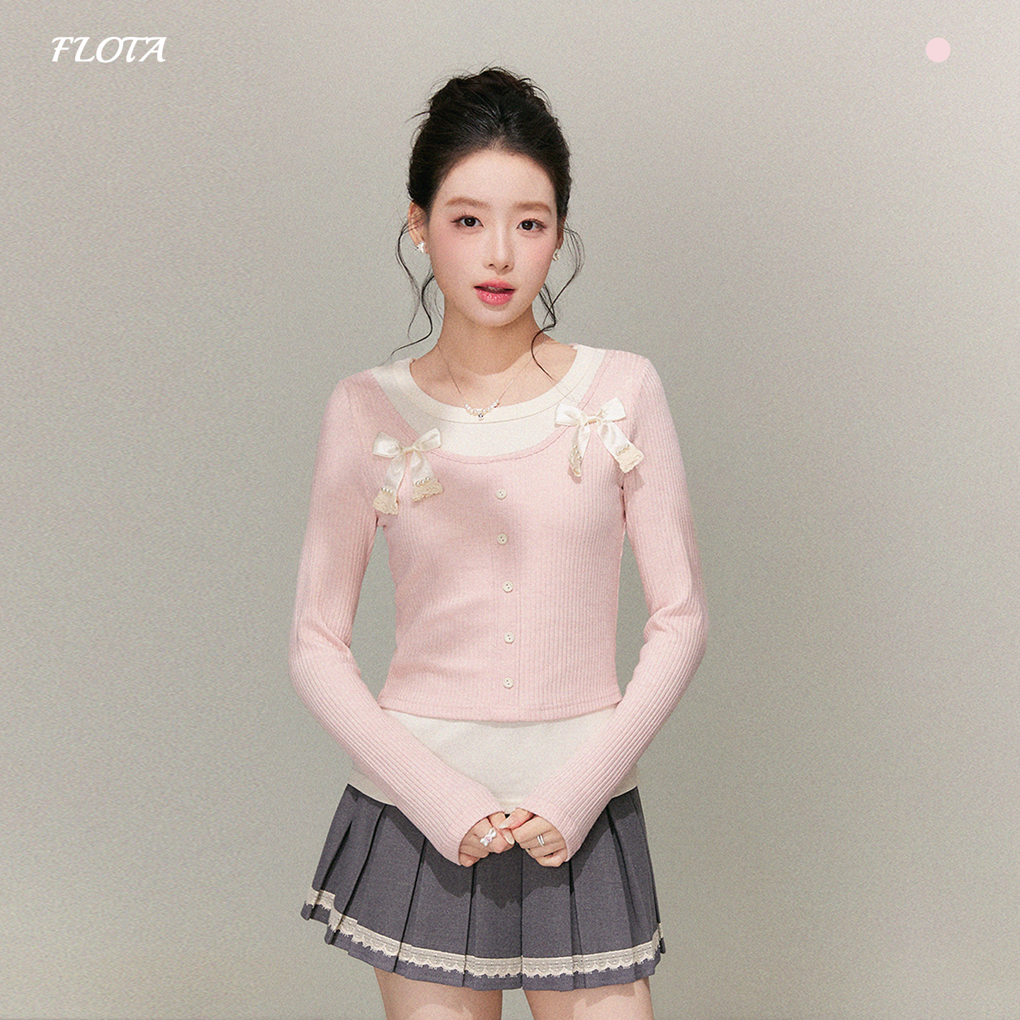 纯欲甜美风别致立体蝴蝶结假两件长袖设计感小众修身显瘦短款上衣