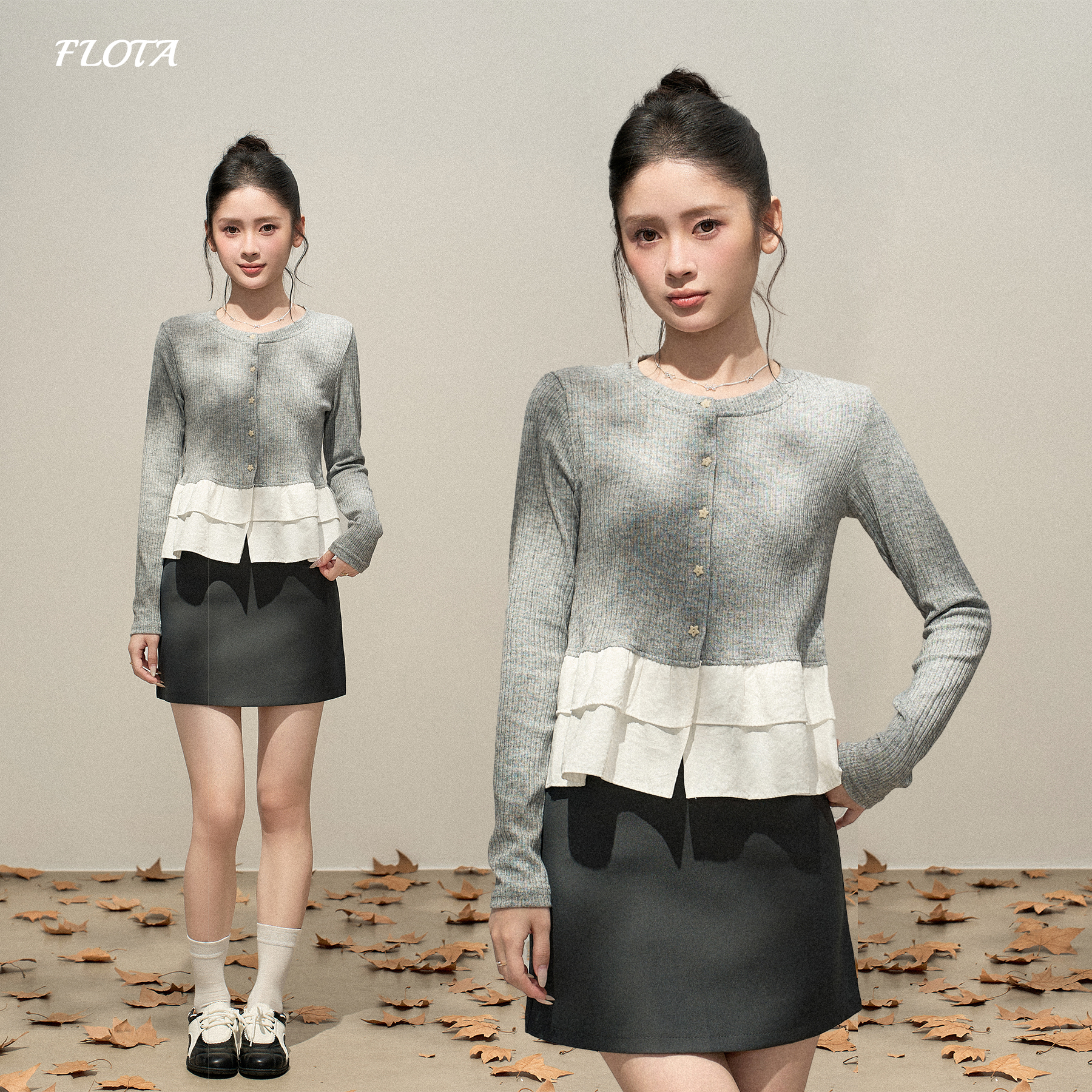 韩系甜美星星纽扣荷叶边圆领短款针织开衫秋冬季新款内搭长袖上衣