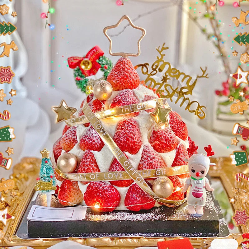 圣诞节蛋糕装饰圣诞草莓塔草圈叶子鹿角娃娃金色丝带彩带圣诞摆件