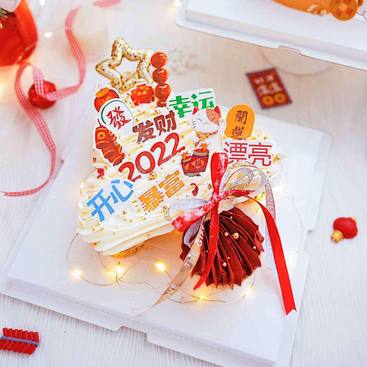 2022新年许愿树生日蛋糕装饰漂亮暴富发财幸运开心招财猫插牌插件