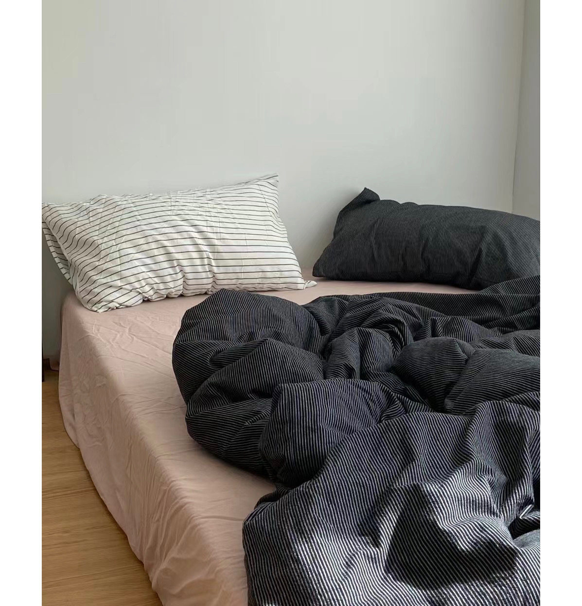 暗夜蔷薇/小众高级感简约黑色条纹四件套水洗棉全棉床单床笠被套
