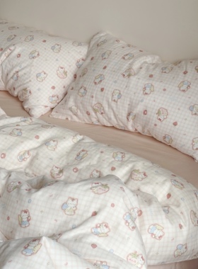 云朵宝宝起晚了┃实体款软fufu双层纱四件套 ins卡通春夏全棉床品