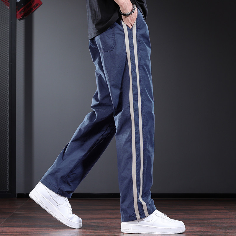测边条纹休闲裤男夏季薄款个性设计感宽松直筒长裤潮牌蓝色男裤子
