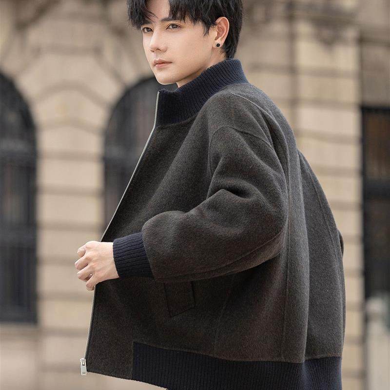 男士毛呢外套秋冬季新款双面羊毛呢子大衣短款立领加厚宽松夹克潮