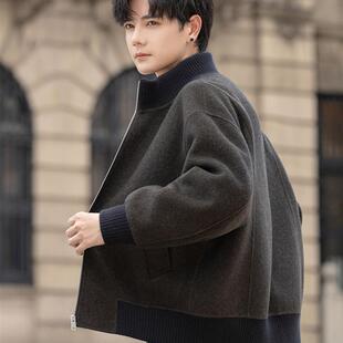 男士毛呢外套秋冬季新款双面羊毛呢子大衣短款立领加厚宽松夹克潮