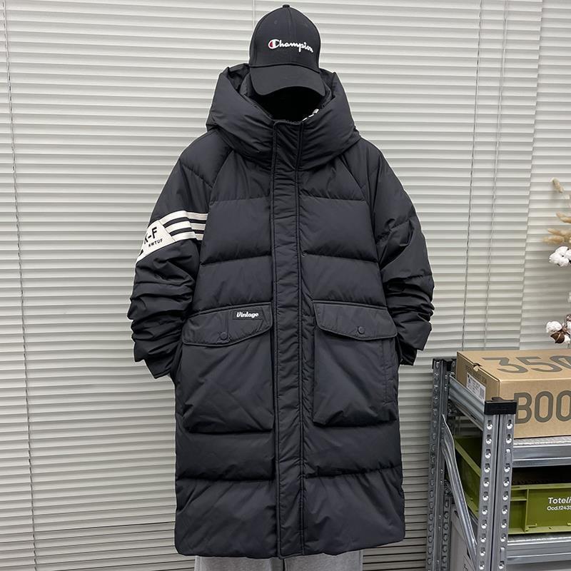 中长款羽绒服男青少年2023冬季新潮牌三道杠条纹高中学生大衣派克