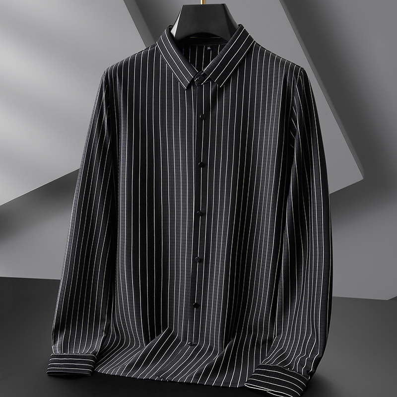 加肥加大男衬衣春秋季薄款竖条纹免烫宽松胖子大码冰丝长袖衬衫潮