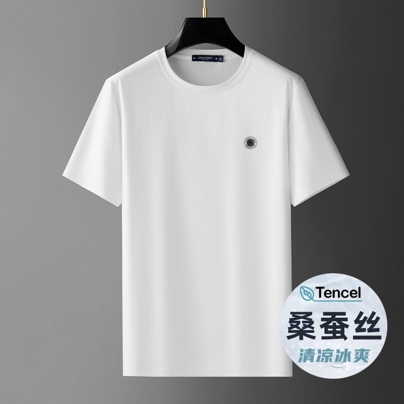 夏季冰丝短袖男圆领宽松T恤男士休闲运动上衣中年桑蚕丝白色体恤