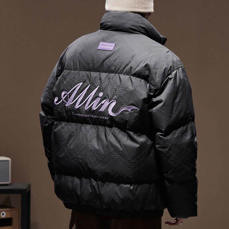 立领白鸭绒羽绒服男冬季新款潮牌保暖加厚面包服字母刺绣情侣外套