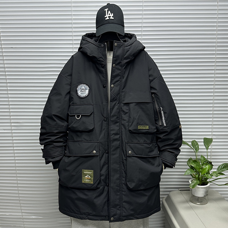 机能风多口袋工装羽绒服男潮牌冬季加厚大码宽松中长款白鸭绒外套