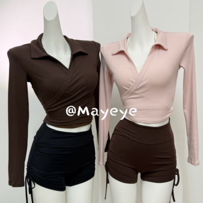 Polo领系带健身罩衫女高级感运动上衣跑步长袖T恤外穿弹力瑜伽服