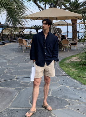 特价清仓长袖亚麻衬衫男深蓝色休闲宽松三亚度假风沙滩棉麻衬衣男