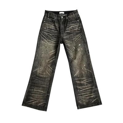 TBR 水洗鬼爪立体猫须蜂窝泼墨宽松直筒牛仔裤