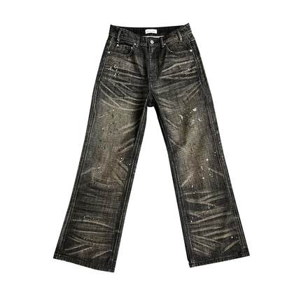 TBR 水洗鬼爪立体猫须蜂窝泼墨宽松直筒牛仔裤