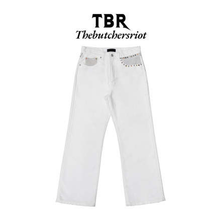 TBR高端线法工白色鼹鼠皮拼皮elegant版型牛仔裤