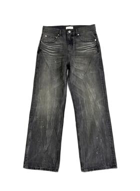 TBR 一周年镭射银扣牛王水洗泥染做旧 宽松直筒黑色牛仔裤子长裤