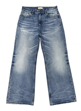 TBR 天空蓝水洗做旧宽松直筒牛仔裤自然猫须蜂窝cleanfit裤子