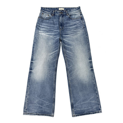 TBR 天空蓝水洗做旧宽松直筒牛仔裤自然猫须蜂窝cleanfit裤子