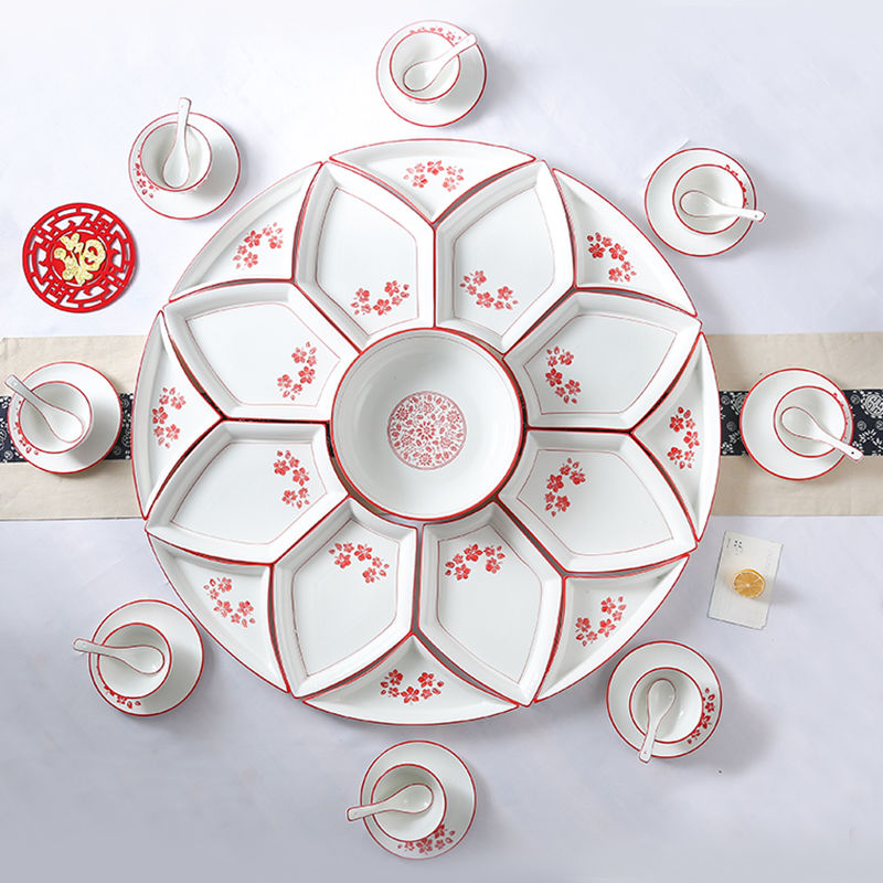 创意陶瓷拼盘餐具组合圆桌转盘餐具高档扇形菜盘中式年夜饭碗盘