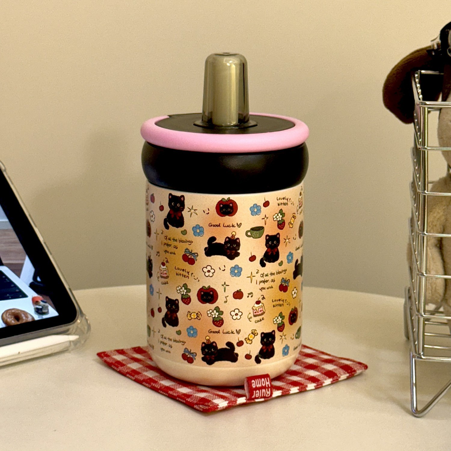 原创小黑猫保温杯ins女高颜值316不锈钢学生可爱儿童吸管水杯