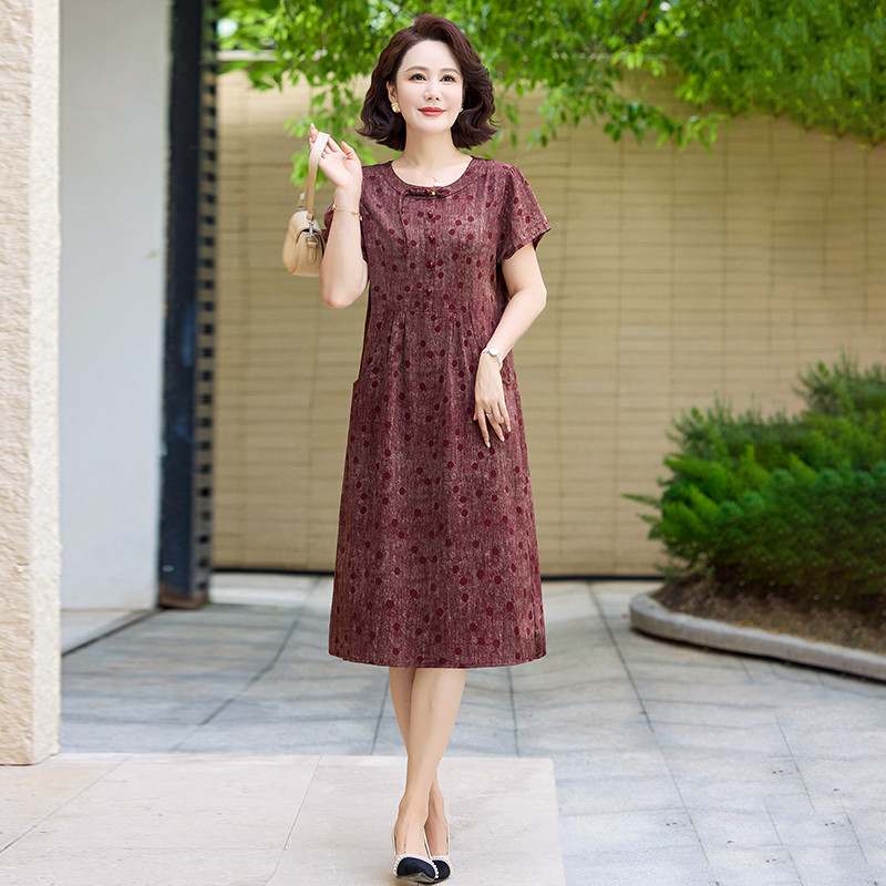 妈妈夏装连衣裙中老年女夏季新款洋气短袖裙子中年妇女时尚裙子