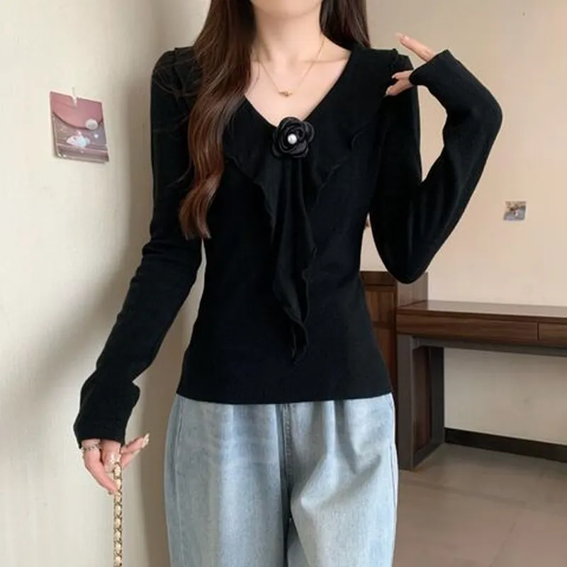女针织衫T恤修身V领打底衫显瘦收腰气质花朵秋季独特ins辣妹上衣
