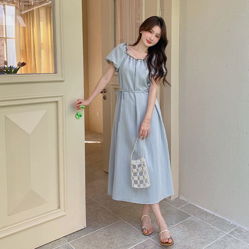 蓝色度假风泡泡袖连衣裙女2025夏新款法式今年流行收腰显瘦a字裙,女装连衣裙,浙宝102（原188）