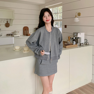灰色时尚运动套装女2025新款春季韩版宽松卫衣半身短裙休闲两件套图片