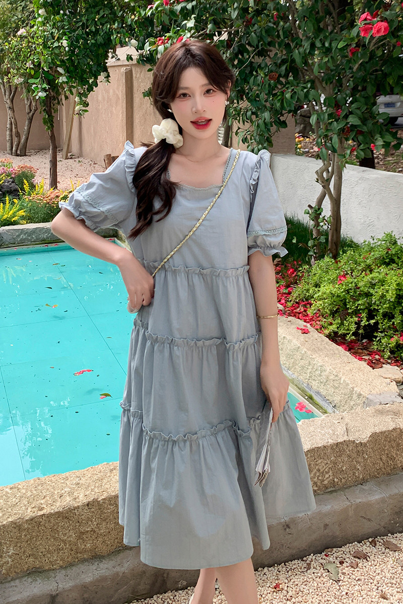 雾霾蓝连衣裙女小个子2024夏季新款法式甜美系带木耳边a字娃娃裙,女装连衣裙,浙宝102（原188）