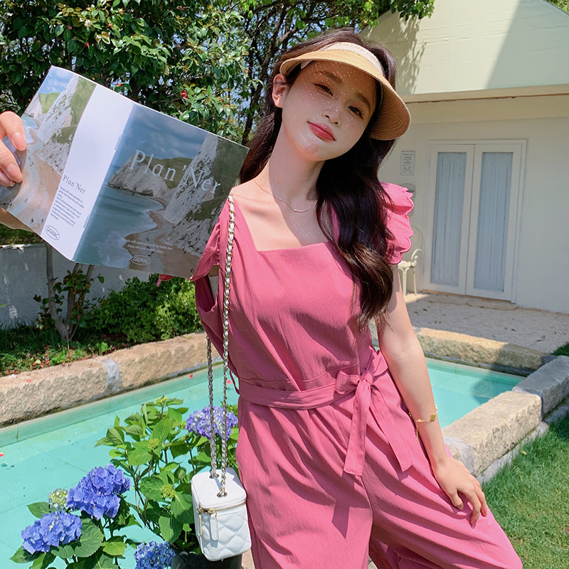 玫红色小飞袖连体裤女夏2024新款网红爆款连衣裤套装又a又飒流行,女装连体裤,浙宝102（原188）