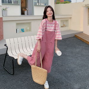甜酷风美宽松休闲少女活力减龄裤子女2025夏季新款粉色工装背带裤图片