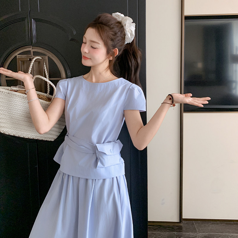 浅蓝色温柔风减龄套装女2025夏季新款小个子短袖上衣半身裙两件套,女装套装/套裙,浙宝102（原188）