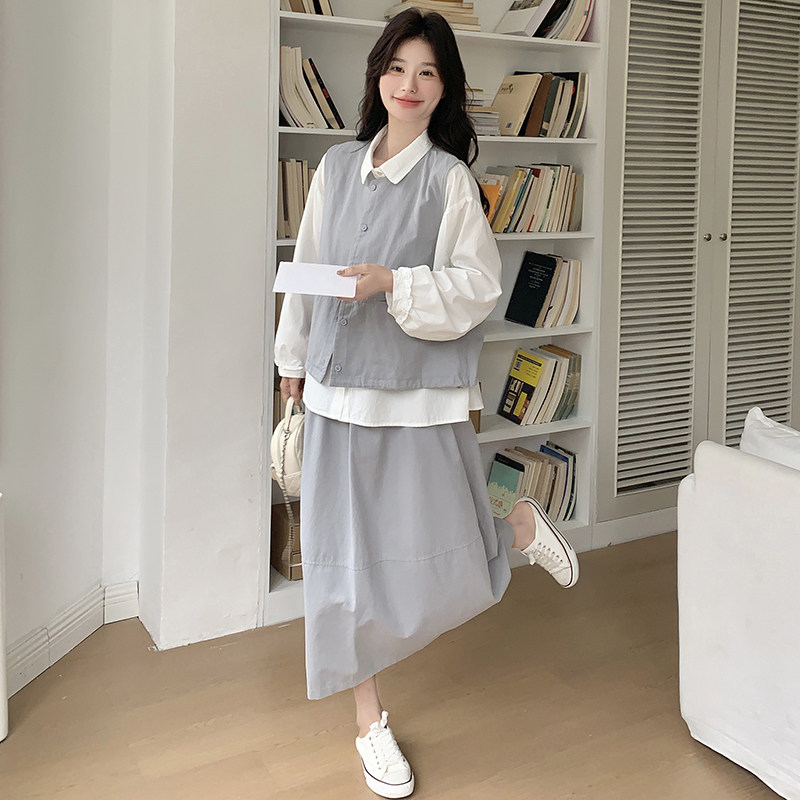 灰色学院风休闲套装裙女春季2025新款韩版衬衫马甲半身裙三件套图片