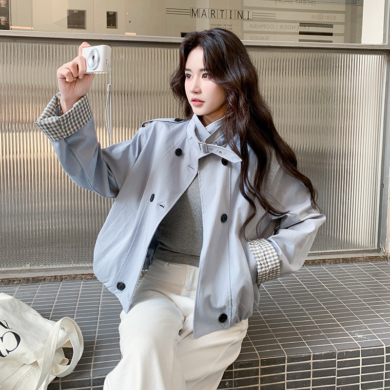 【现货】春季新款格子拼色双排扣风衣外套ZB102-965款-P160-K258，女装风衣，浙宝102（原188）