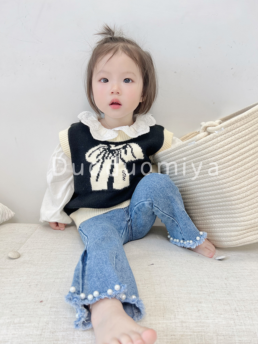 DUODUOMIYA女童套装春季新款衬衫连衣裙蝴蝶结背心毛衣马甲两件套