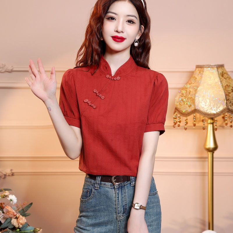 2024夏季新款女装盘扣纯棉衬衫女洋气全棉旗袍国风新中式上衣