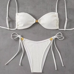 2025欧美新款 比基尼女三角系带高级感纯白泳衣女温泉度假纯欲辣妹
