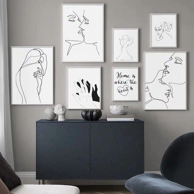 北欧极简黑白抽象线条人物情侣女孩线描手稿海报装饰画