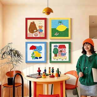 多巴胺客厅装 饰画中古彩色包豪斯卧室大白墙趣味卡通玄关组合挂画
