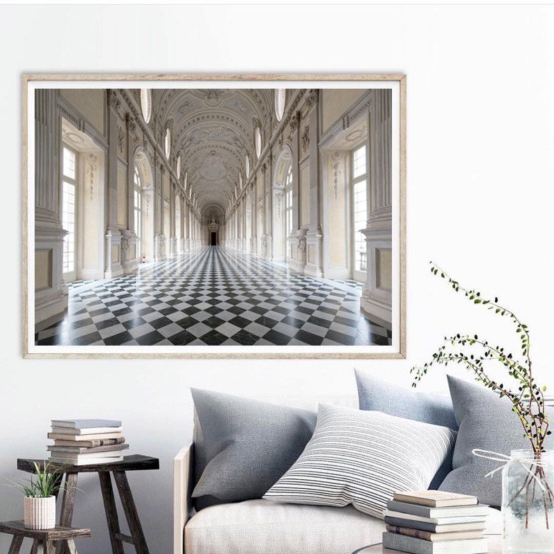 新古典建筑客厅餐厅装饰画芯打印欧式复古宫殿走廊玄关挂画心定制