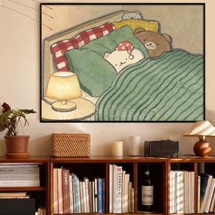 饰画床头卧室挂画走廊玄关壁画 温馨治愈风可爱小猫客厅装 晚安