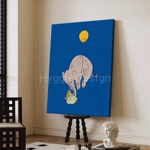 现代简约大象装 饰画客厅卡通艺术儿童房油画玄关蓝色小众卧室挂画