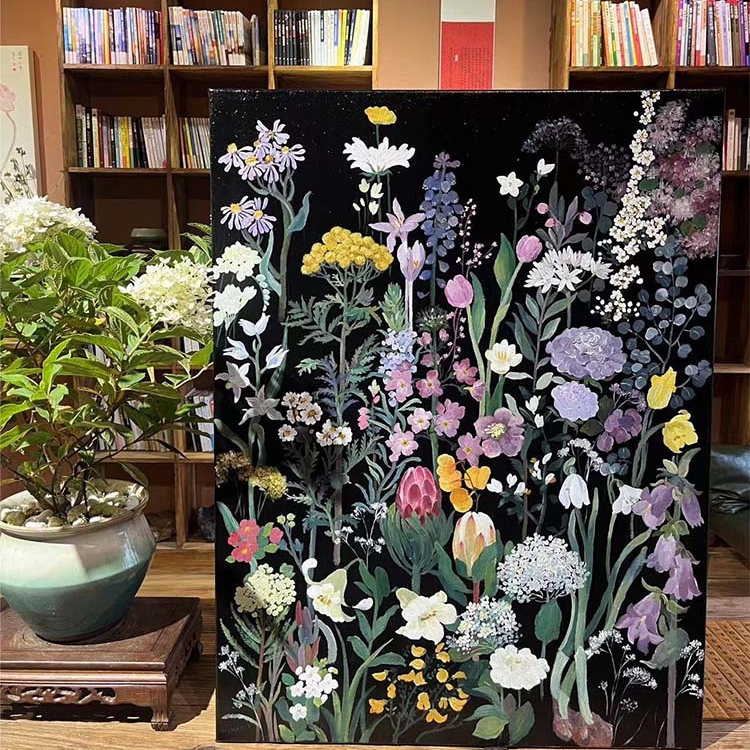 新中式花卉艺术客厅装饰画小众中古风卧室餐厅高级感电表箱挂壁画图片