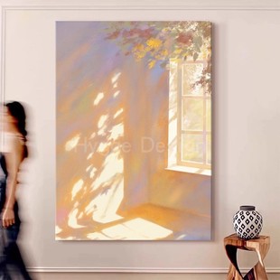 窗与影暖色调入户玄关装 复古沙发背景壁画中古风客厅挂画 饰画法式