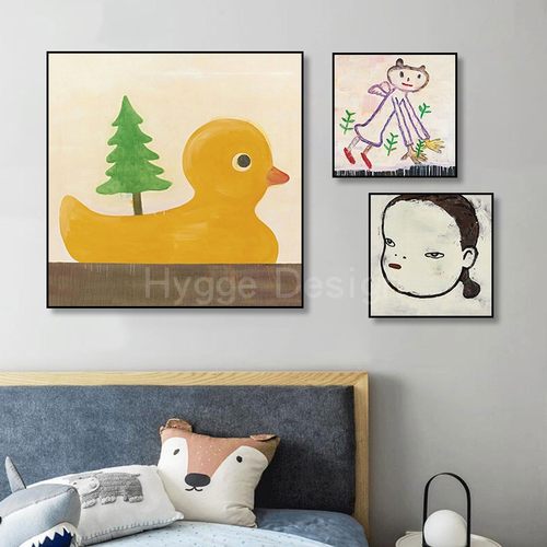 奈良美智儿童房装饰画小众艺术恶搞卡通动漫正方形卧室挂画壁画