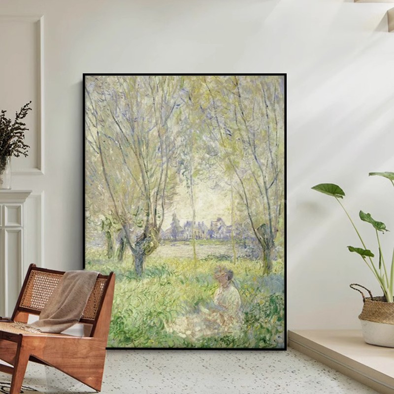 莫奈清新治愈白杨树下看书女人物印象风景名画玄关装饰画客厅挂画