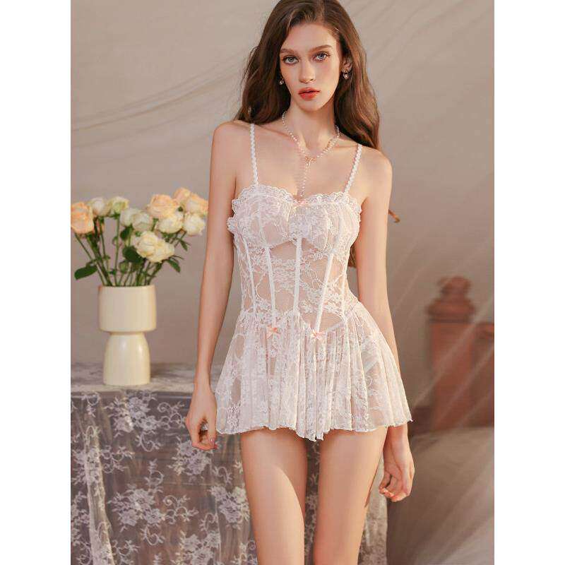 性感蕾丝吊带睡裙女透视法式高级感白色睡衣情趣味内衣鱼骨显瘦
