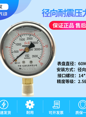红旗耐震带油压力表YTN-601.6/2.5/10/40MPA气压表水表油表高精度